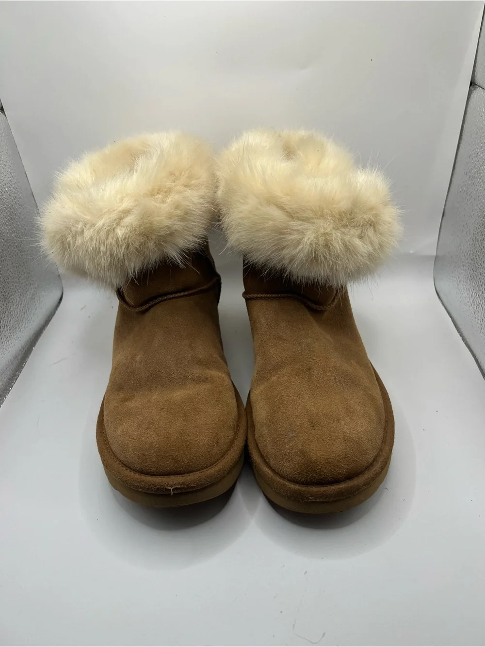 UGG Chestnut Suede Ankle Boots with Cream Faux Fur Cuff